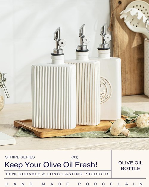 getstar Olive Oil Dispenser Bottle for Kitchen, Ceramic Decorative Oil Bottle with Automatic Stainless Steel Pourer (White)