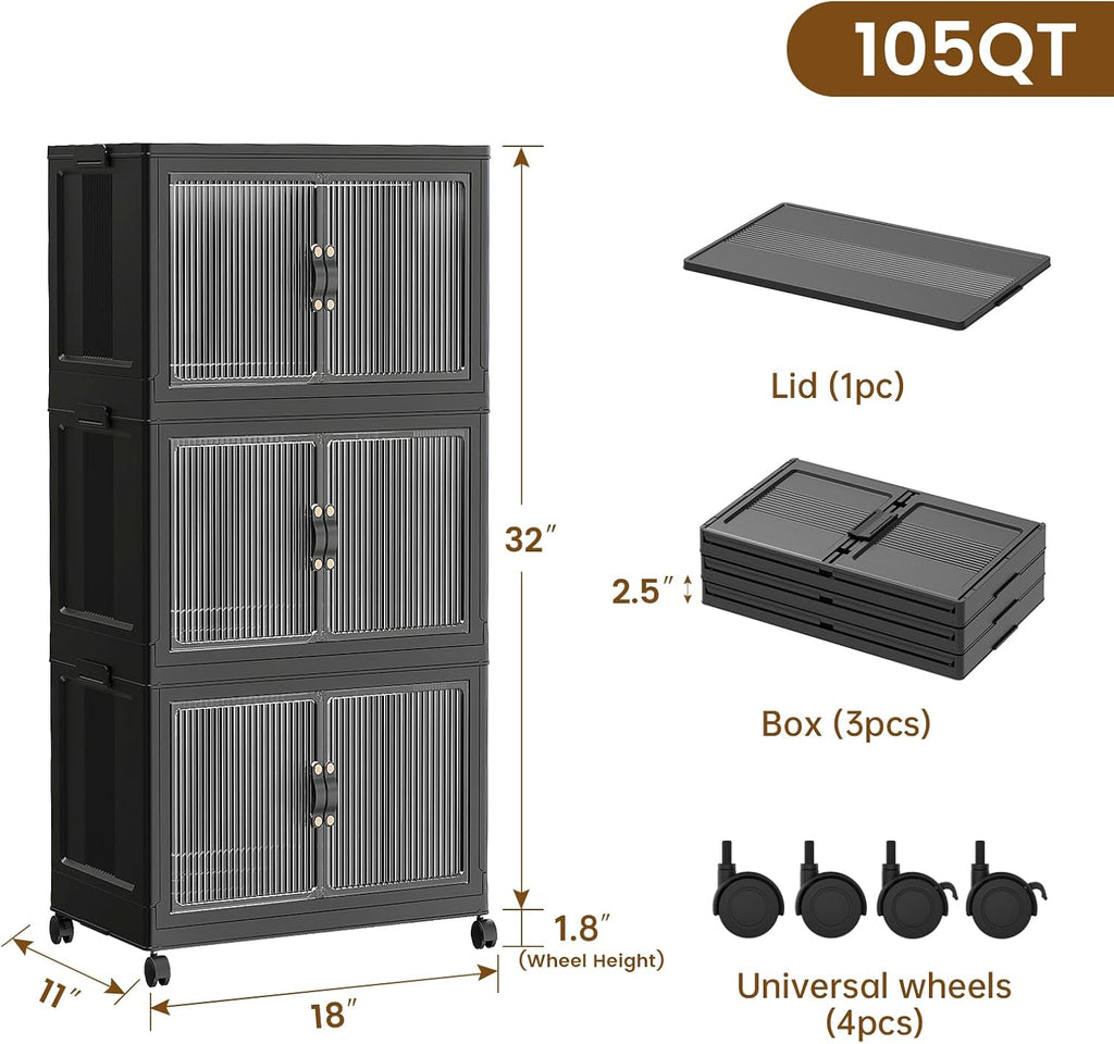 SAILUN Stackable Storage Bins - Folding Collapsible Organizer with Lid | Black, 26 Gal/105 Qt, 18" W x 11" D x 32" H