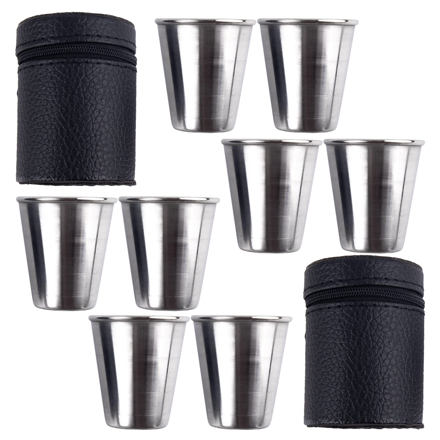 Framendino, 8 Pack 2 Ounce Stainless Steel Shot Cups with Leather Carry Cases Glass Drinking Tumbler
