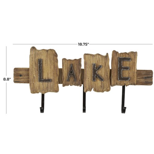 Deco 79 Wood Handmade Live Edge Lake Sign 3 Hanger Wall Hook with Metal Accents, 19" x 9" x 2", Brown
