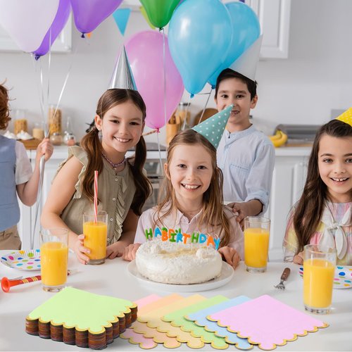 Layhit 150 Pack Pastel Napkins Scalloped Tea Party Napkins with Gold Foil Disposable Ice Cream Party Supplies for Dinner Birthday Wedding Cocktail Beverage Festival(Rainbow Color)