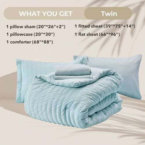 HYMOKEGE Twin Comforter Set - Luxury 5-Piece Bedding in Lake Blue | All-Season Seersucker Design