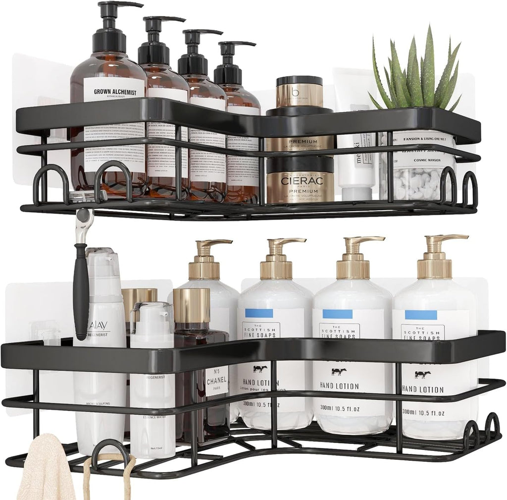 Sakugi Corner Shower Caddy - Rustproof Stainless Steel Organizers with 8 Hooks | No Drilling, Space-Saving, Black, 2 Pack