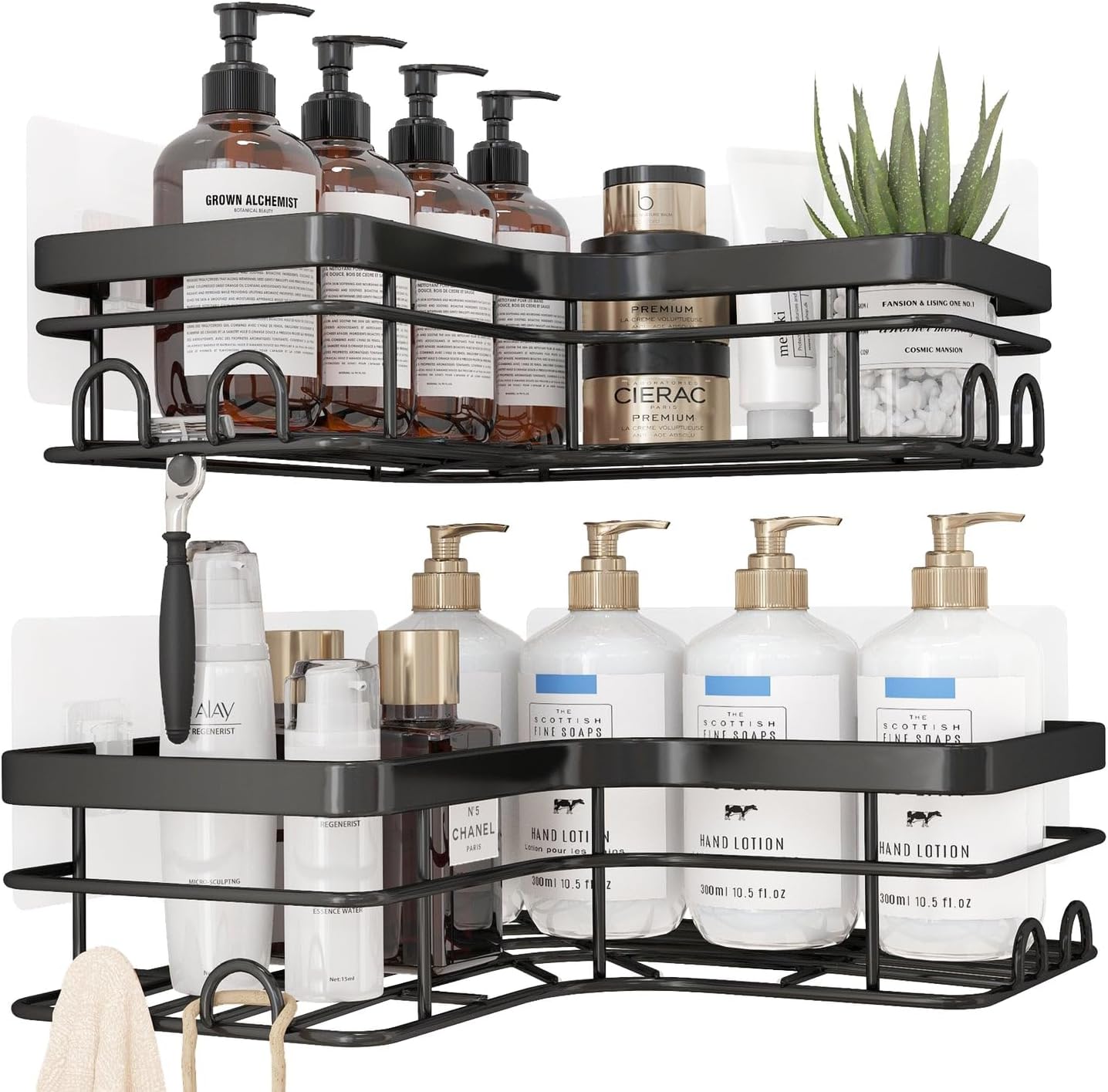 Sakugi Corner Shower Caddy - Rustproof Stainless Steel Organizers with 8 Hooks | No Drilling, Space-Saving, Black, 2 Pack