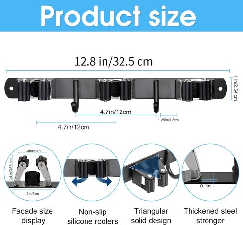 Huryfox Heavy-Duty Stainless Steel Broom Holder - Adjustable Wall Mount with 3 Racks & 2 Hooks | Black, Fits 1-4 cm Diameter
