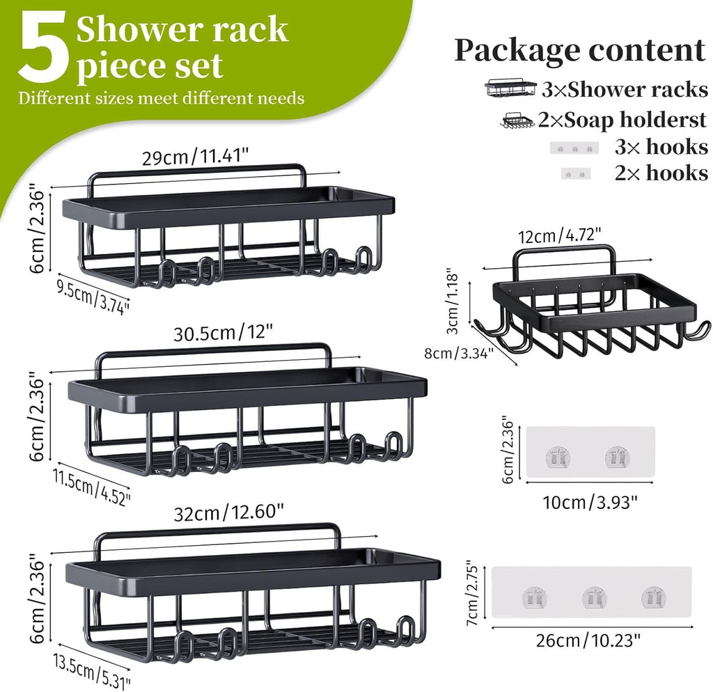 Rustproof Stainless Steel Shower Caddy by [Brand Name] - 5 Pack Adhesive Bathroom Organizers | Large Capacity, No Drilling, Black