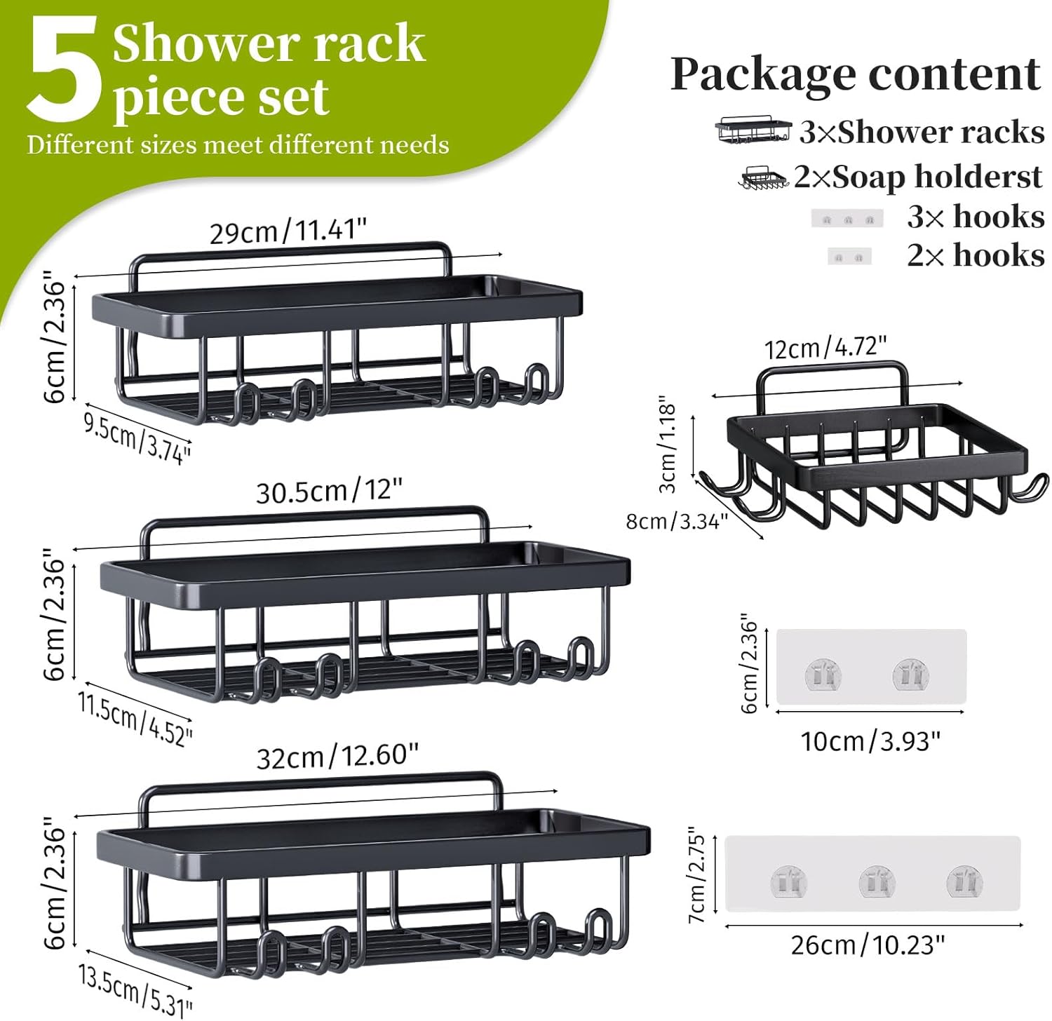 Rustproof Stainless Steel Shower Caddy by [Brand Name] - 5 Pack Adhesive Bathroom Organizers | Large Capacity, No Drilling, Black