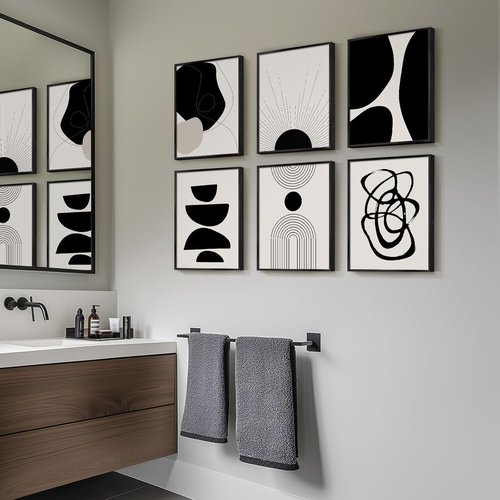 Framed Boho Black and White Abstract Wall Art - Set of 6 Modern Canvas Prints for Home Decor | 11x14 Inch