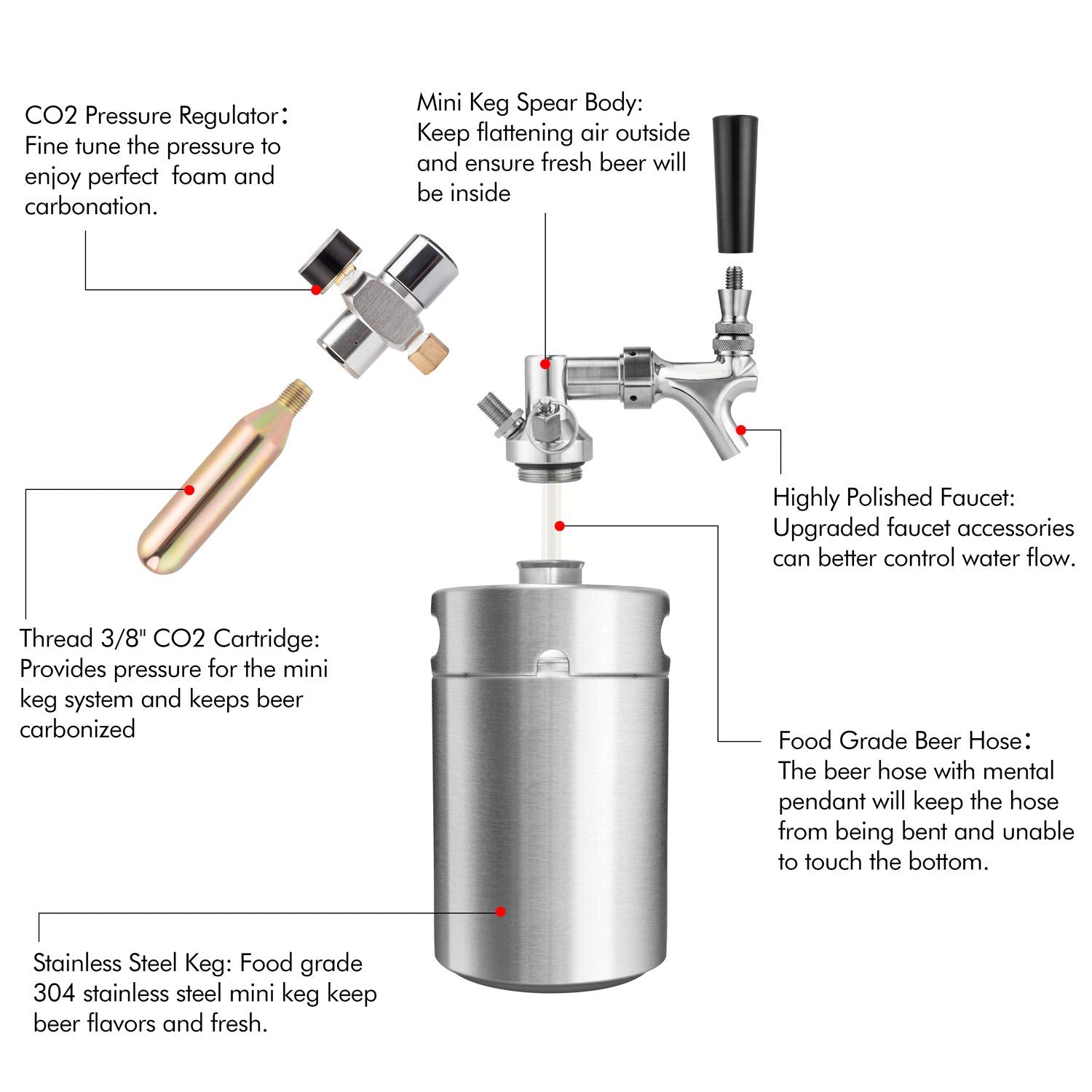 TMCRAFT 64oz Pressurized Mini Keg Growler, Portable Stainless Steel Home Keg Kit System with Updated Co2 Regulator Keeps Fresh and Carbonation for Homebrew, Craft and Draft Beer