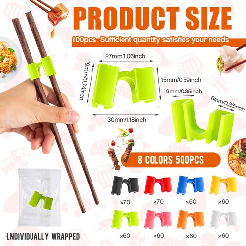 Suttmin 500 Pcs Reusable Chopsticks Helper Multicolor Plastic Practice Chopstick Trainer Hinges Connector Chinese Chop Stick Helper for Adult Learner Beginner