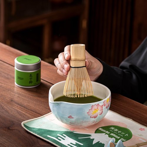 Clay&Fire Matcha Whisk Set，9 Pcs Ceramic Matcha Set, 15 OZ Matcha Bowl with Spout and Whisk，Matcha Kit for Friend, Ideal Gift for Matcha Lover（Cherry Bloom）