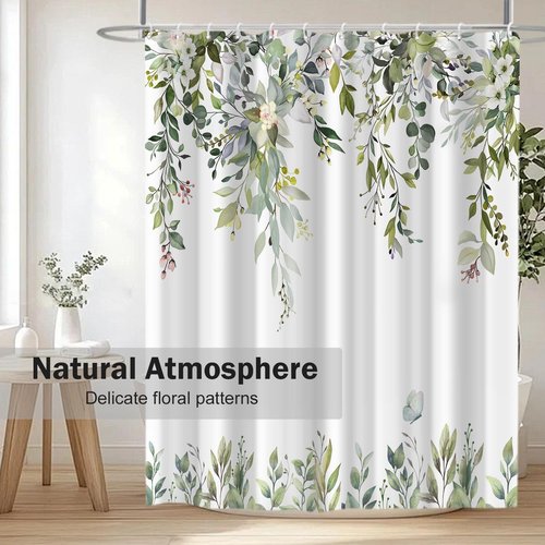 CTOTSYC Eucalyptus Shower Curtains for Bathroom, Sage Green Watercolor Leaves with Floral Shower Curtain Sets with Hooks, Waterproof Fabric Botanical Bathroom Decor, 72x72 Inches