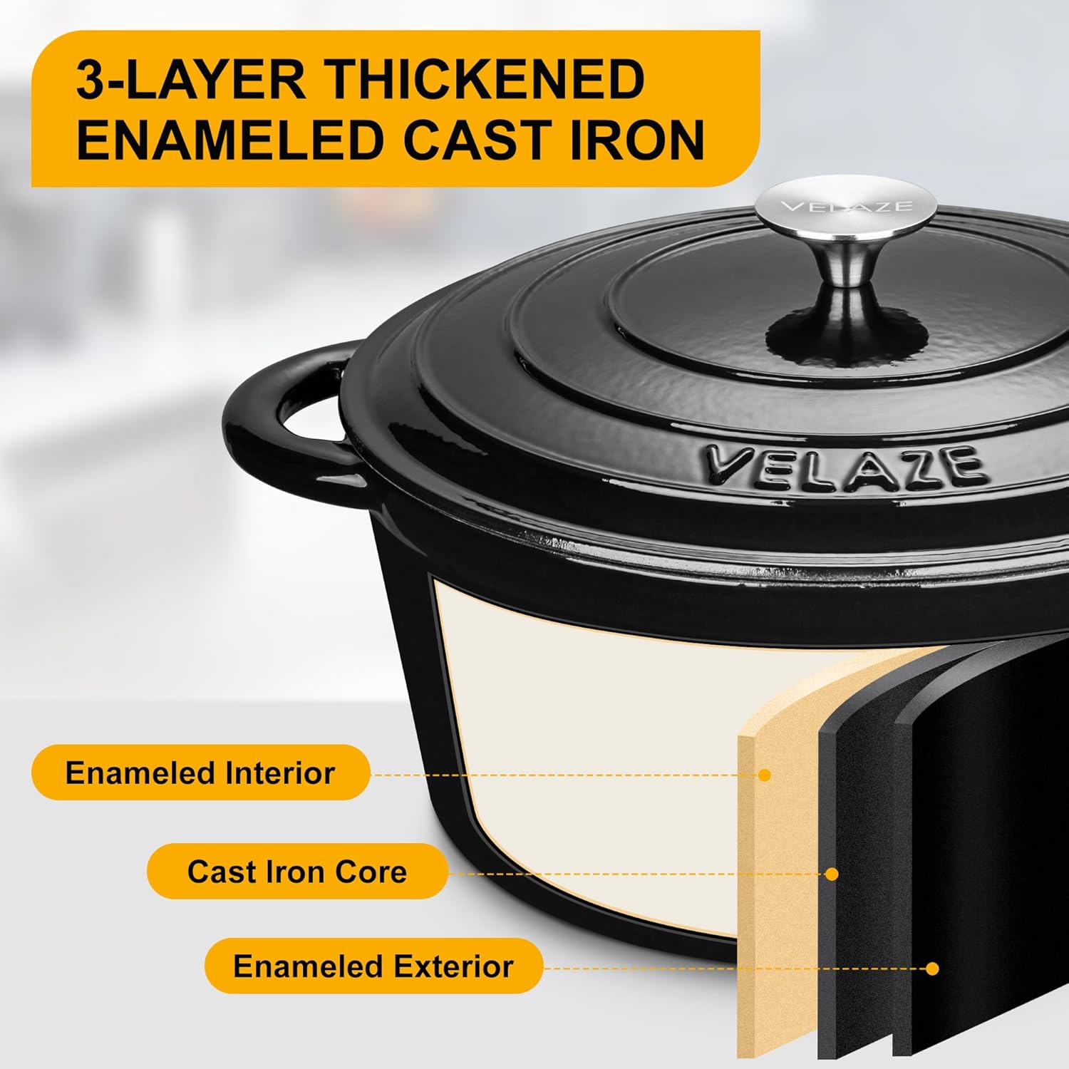 Velaze 7.5 QT Dutch Oven - Enameled Cast Iron Cookware with Dual Handles for Sourdough Baking | Black