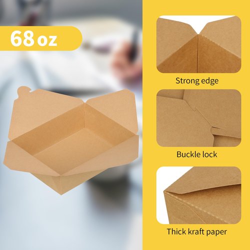 GHEIR 68 oz Take Out Food Containers 100 Pack, Disposable Kraft Paper To Go Containers Boxes, Microwaveable Leak and Grease Proof Take Out Boxes for Restaurant, Catering and Party