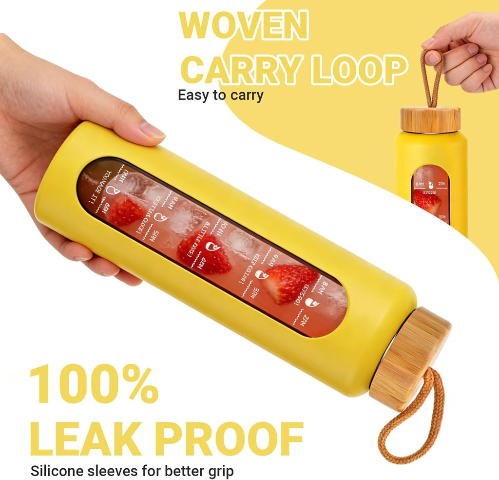 Sursip 32 oz Glass Water Bottle - BPA-Free, Motivational Time Marker, Leak-Proof Design, Eco-Friendly Bamboo Lid