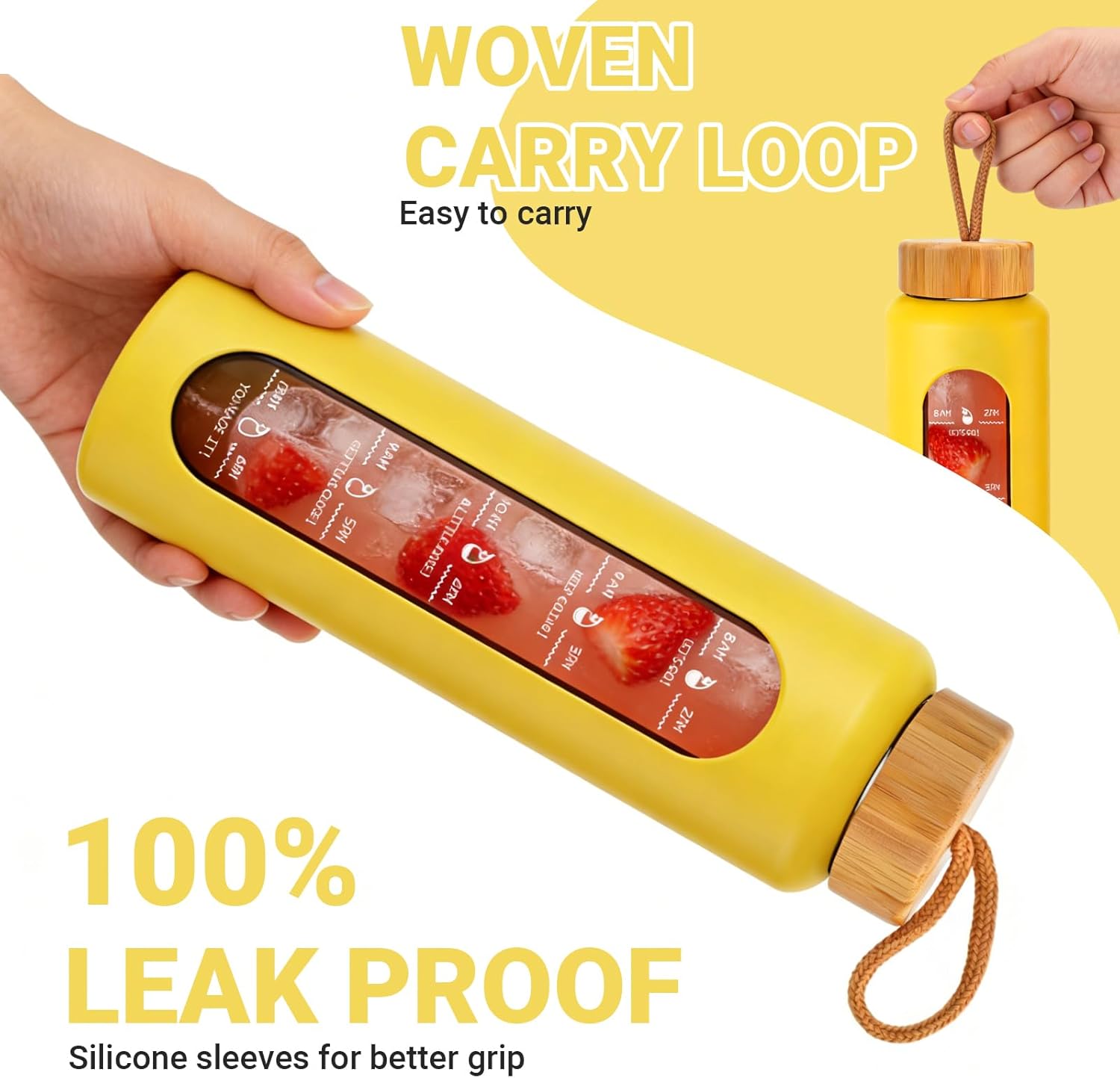 Sursip 32 oz Glass Water Bottle - BPA-Free, Motivational Time Marker, Leak-Proof Design, Eco-Friendly Bamboo Lid