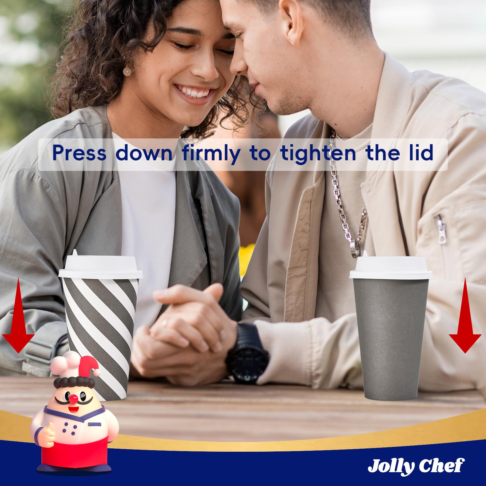 JOLLY CHEF 100 Pack 16 oz Paper Coffee Cups, Disposable Printed Hot Cups with Lids for Home, Business, Restaurant and Cafe (Stripes and Grey)