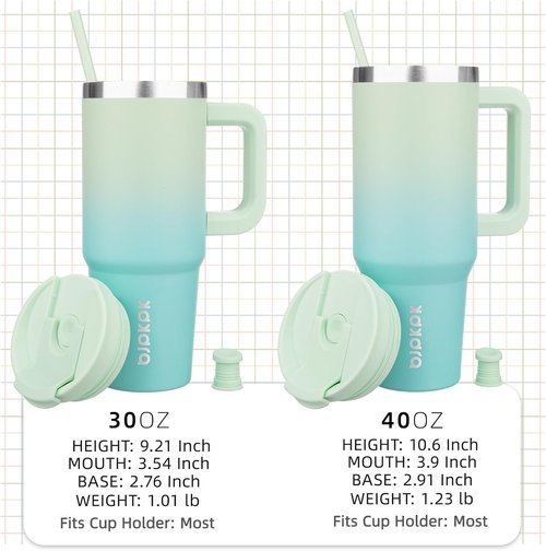 BJPKPK 40 oz Insulated Tumbler - Stainless Steel Cup With Lid, Straw & Handle - Mint Color