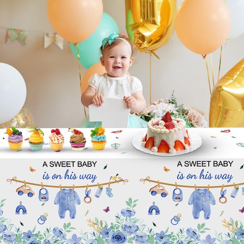 3 Pcs Baby Shower Decorations Boy A Sweet Boy is On His Way Party Supplies Blue Table Cover,Gender Reveal Table Cloths Decorations,55in x 86in
