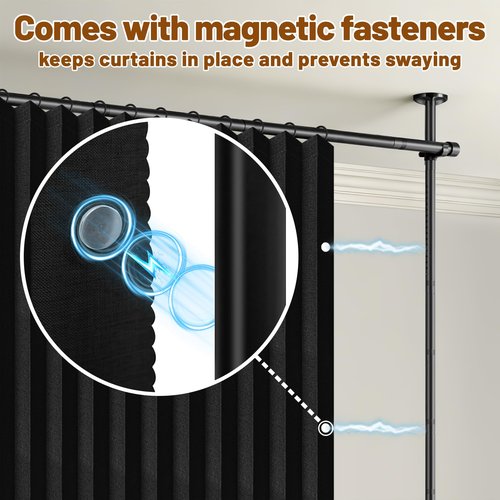AJAZZ Room Divider Curtain (Black, W100 x L84 in, 1 Panel)+ Tension Curtain Rod No Drilling (H) 43-120×(W) 35-100 in, for Privacy/Soundproof Curtains, Heavy Duty Wall Separator