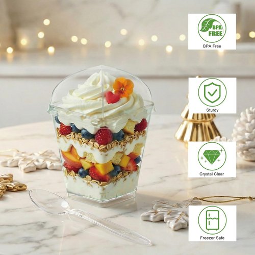 Legredic 50Pack 5oz Plastic Dessert Cups with Lids and Spoons, Square Clear Parfait Appetizer Cups, Mini Reusable Shooter Serving Cups, Party Dessert Shot Glasses for Tasting