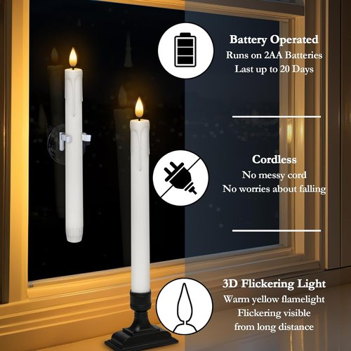 Homemory 6 Pcs Battery Operated Window Candles - Remote Timer Dimmer & Holders | White LED Xmas Decor