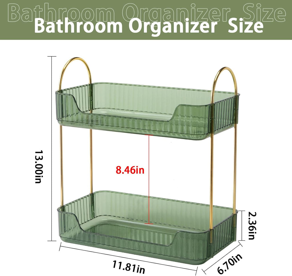 Shuang Qing Bathroom Counter Organizer - 2-Tier Makeup & Skincare Shelf in Green | Versatile Vanity & Spice Rack