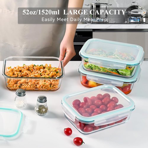 GEHE Large Glass Food Storage Containers - 52 oz Airtight Meal Prep Set with Lids | Microwave & Dishwasher Safe