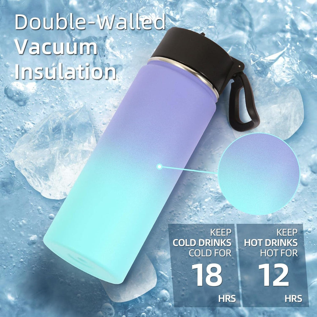 Volhoply 18oz Kids Insulated Water Bottle - Stainless Steel with Straw Lid | Double Wall Vacuum Flask (Purple Blue)