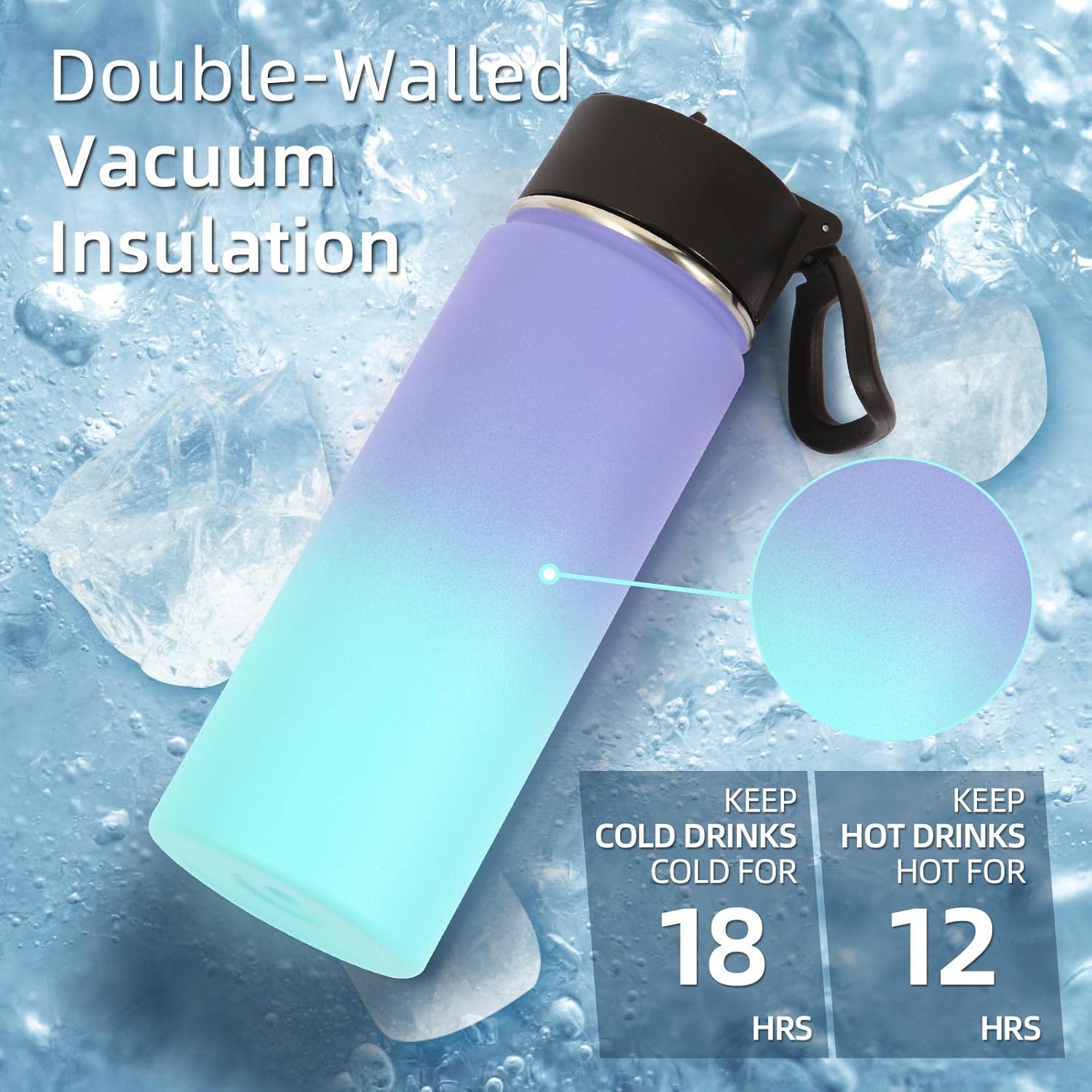 Volhoply 18oz Kids Insulated Water Bottle - Stainless Steel with Straw Lid | Double Wall Vacuum Flask (Purple Blue)