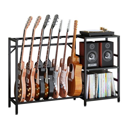 ZHNSYDN Record Player Stand with Guitar Stand, Record Player Table with Guitar Rack, Guitar Holder 7 Space for Multiple Guitars, Bass, Acoustic, Guitar Display for Home Music Studio, Black