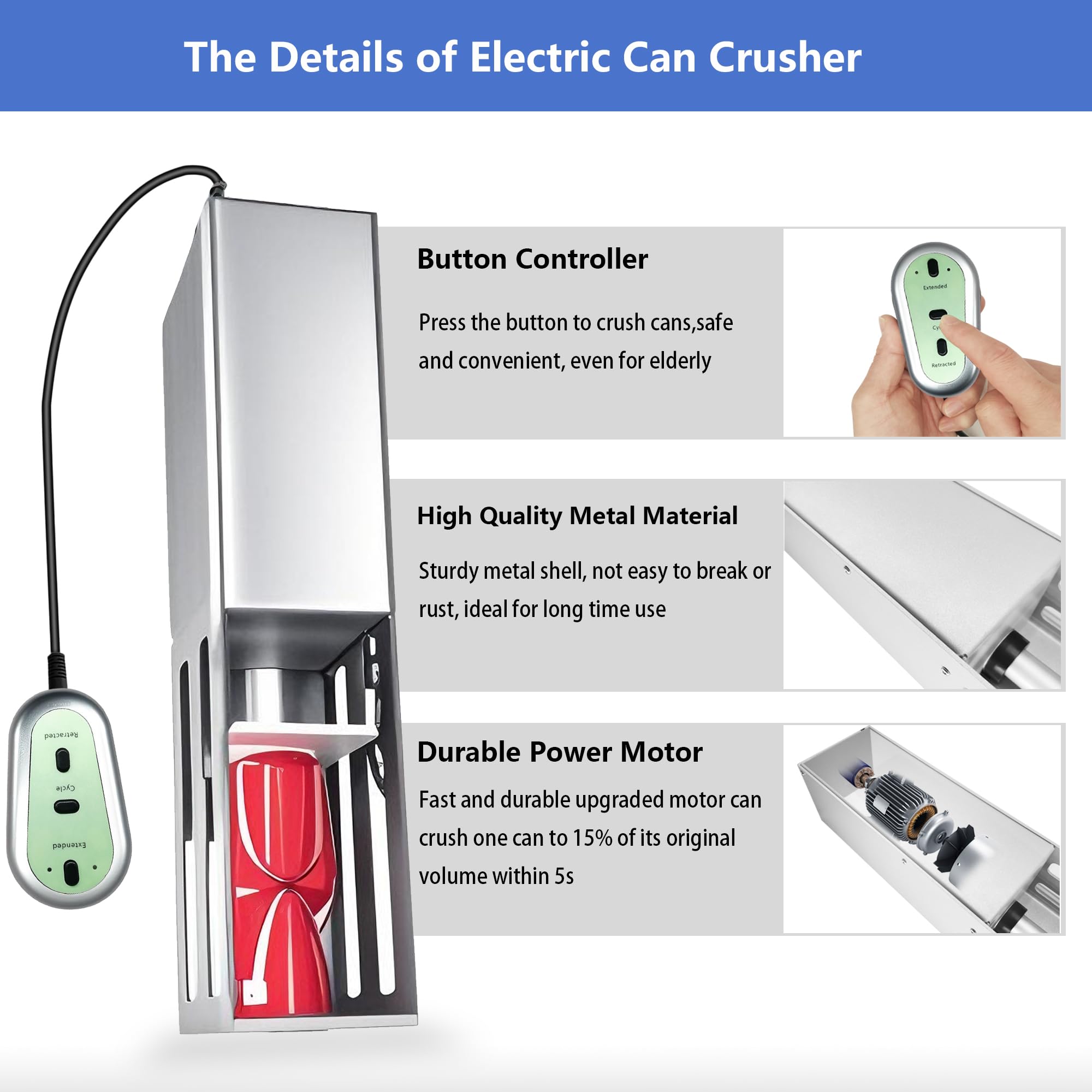 JNSTU Electric Can Crusher with Button Controller, Automatic Can Crushers for Recycling 8/12/16oz Cans, Auto Cycle Mode, Countertop Can Smasher for Recycling Aluminum Seltzer, Soda, Beer Cans, Sliver