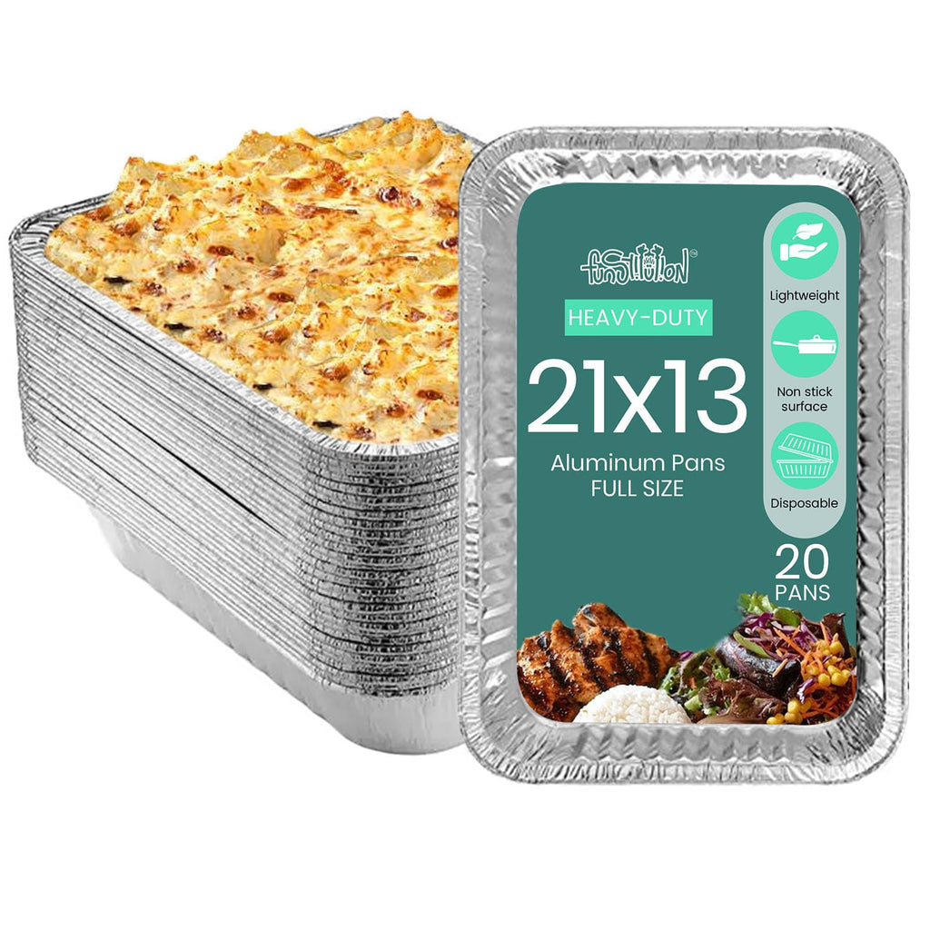 FUNSTITUTION Full Size Large Aluminum Foil Pans (20 Pack) - Full Size Large 21x13 Tin Foil Pans with High Heat Conductivity - Disposable Cookware For Baking, Grilling, Cooking, Storing, Prepping
