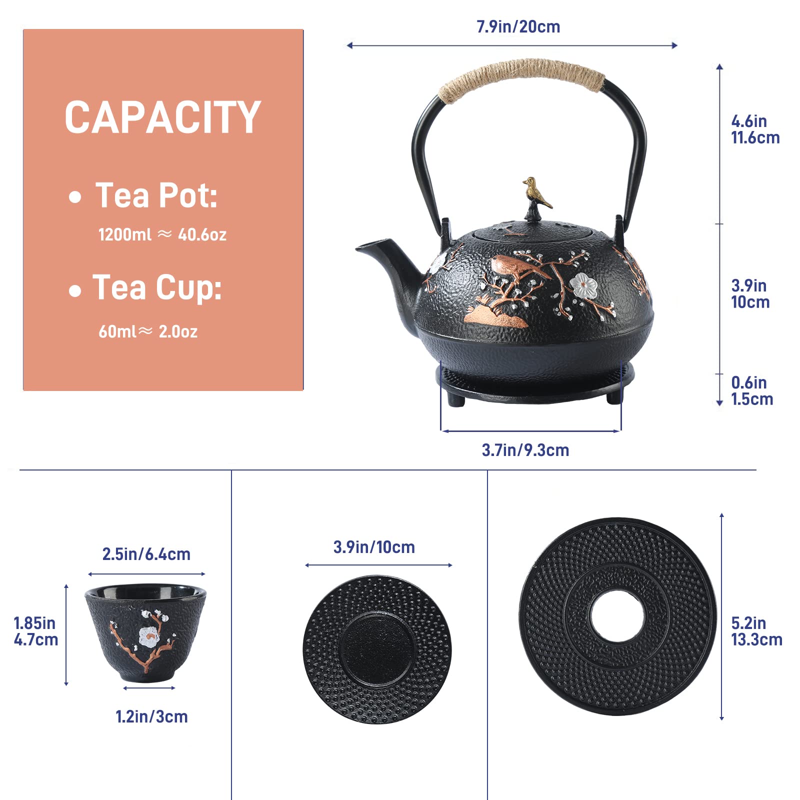 SECHUDO Tea Set Tea Kettle Japanese Style Beautiful Black Cast Iron Teapot Set with 4 Cups,4 Cup Mats,1 Trivet and 1 Lid Holder,40.6oz Teapot with Infuser for Stove Top Safe