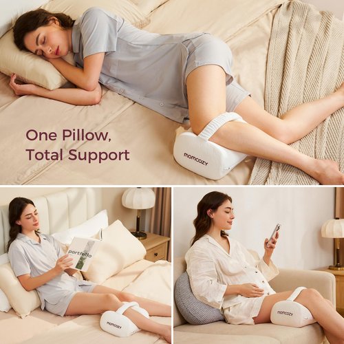 Momcozy Knee Pillow for Side Sleepers, Soft Memory Foam & Pinch-Free Design, Relieve Knee, Leg and Sciatica Pain, Adjustable Elastic Strap Ideal for Pregnant Women and Seniors, White