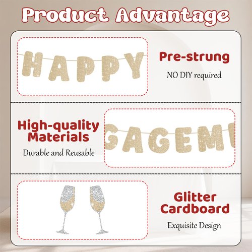 SerpizePaty Engagement Party Decorations, Pre-Strung Happy Engagement Banner, Glitter Just Engaged Banner with Glass, Couples Shower Decorations For Happy Wedding Reception Sighs Photo Props Backdrop