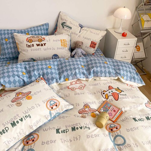 BlueBlue Cars Duvet Cover Set Queen 100% Cotton Bedding for Kids Boys Girls Teens Transportation Car Airplane Truck on Cream White 1 Cartoon Comforter Cover Full Zipper Ties 2 Pillowcases Queen