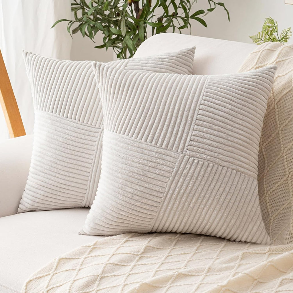 Skiennix Decorative Throw Pillow Covers - Set of 2 | 18x18 Inch Soft Corduroy Striped Cushion Cases in Cream White for Boho Farmhouse Decor