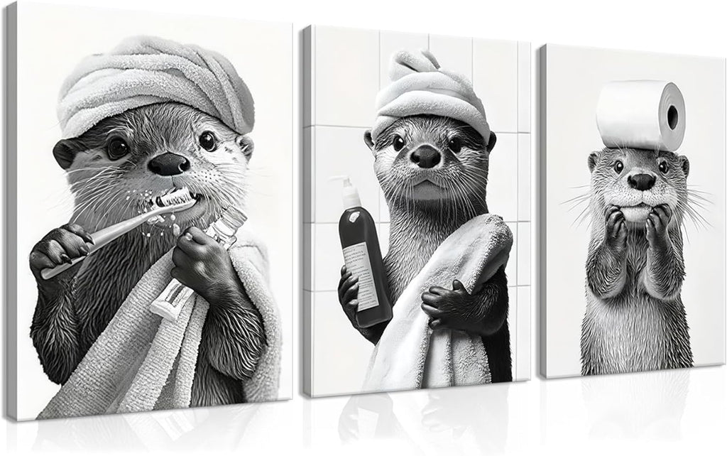 Otter Canvas Wall Art Set by Cute Bathroom | Funny Black and White Decor for Restroom | Ready to Hang 12x16 Inch