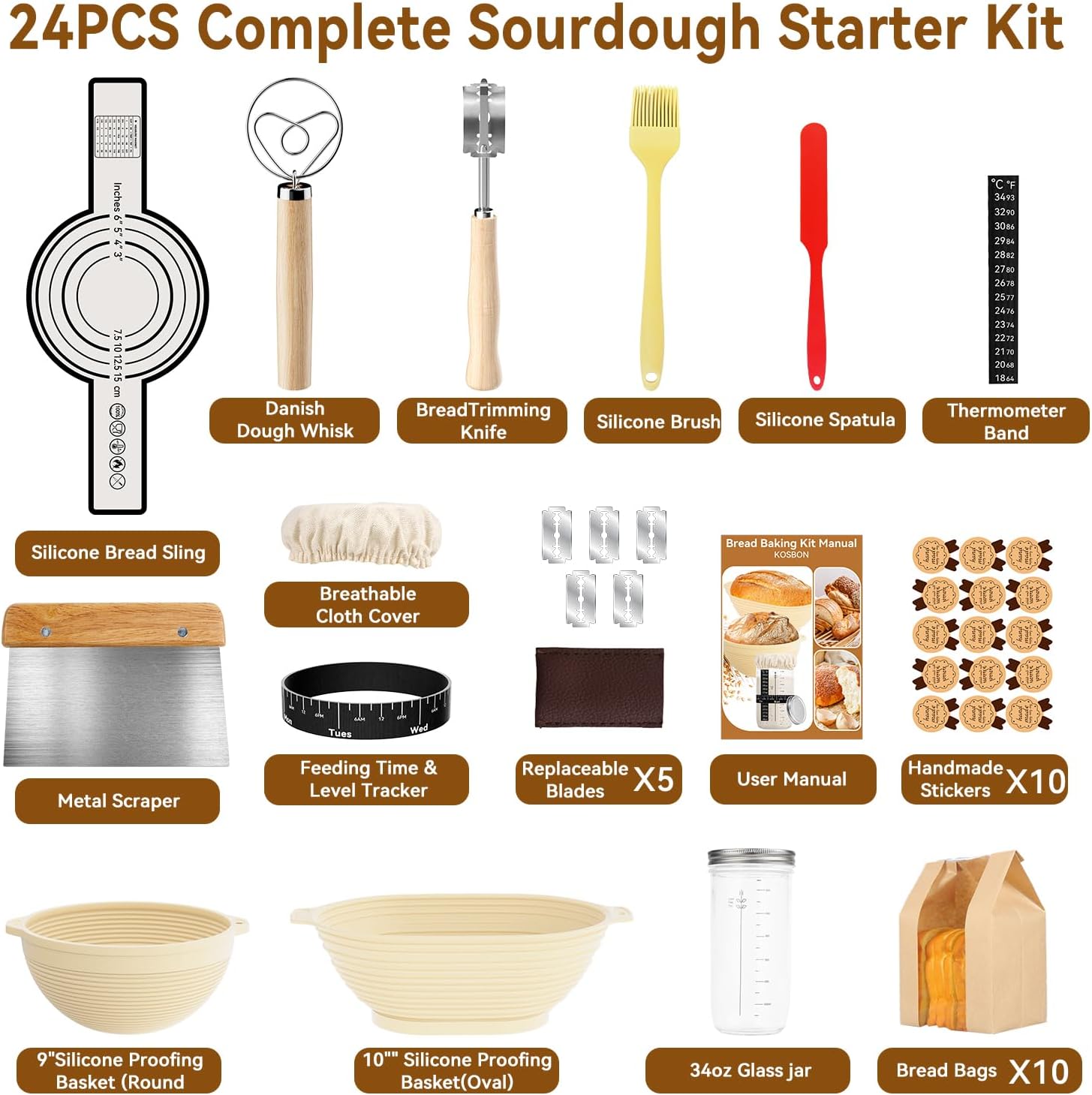 Skiennix Sourdough Starter Kit - 24 PCS Baking Supplies with 34oz Jar & Silicone Banneton (Yellow)