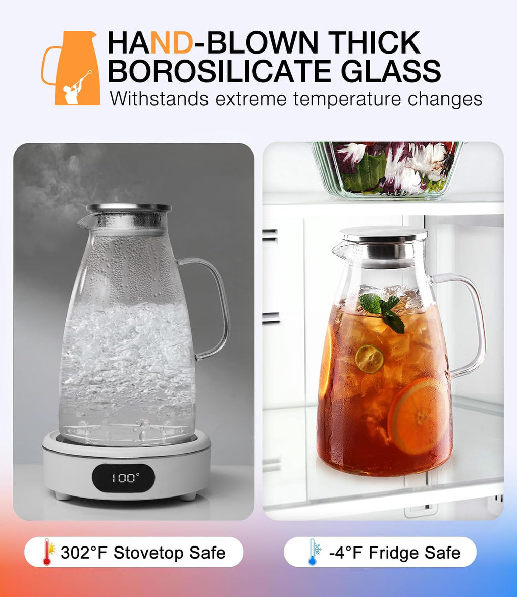 Potdoctor Glass Pitcher with Lid, 3 Liter 100oz Water Pitcher with Handle and Spout for Fridge, Borosilicate Glass for Iced Tea, Juice, Sangria, Cold/Hot Beverage, Large Jug