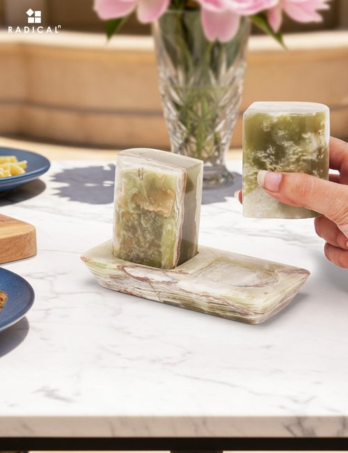 Radicaln Marble Salt & Pepper Shakers Set – 2.5" Green Modern Kitchen Essentials for Cooking and Dining, Stone Spice Holder & Saleros for Black Pepper, Pink Salt
