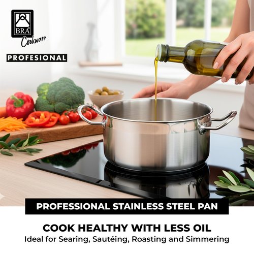 BRA COOKWARE Profesional 18/10 Stainless Steel Stock Pot w/Glass Lid | 9.5 Inch 4 Quart Professional Cooking Pot | 5.5mm Thick Base | PFOA Free Deep Pot | All Cooktops | All Cooktops & Oven Safe