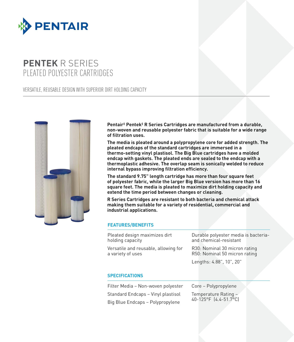 Pentair Pentek R30-20BB Big Blue Sediment Water Filter, Whole House Pleated Polyester Filter Cartridge, 20" x 4.5", 30 Micron, Pack of 2