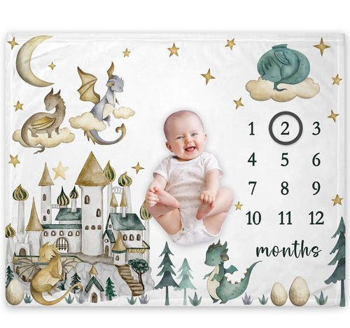 Yuzioey Dragon Milestone Blanket, Dragon Fairy Tale Baby Growth Chart Monthly Blanket, Watch Me Grow Dragon Baby Nursery for New Moms Baby Shower(50"x40")