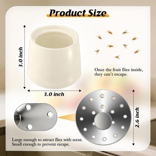 Ceramic Fruit Fly Trap - Reusable Indoor Kitchen Catcher with Stainless Steel Vent Lid | Safe Vinegar Bait (White, 1 Pack)