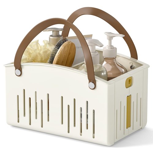 Delamu Portable Shower Basket Caddy with Double Handle Foldable Dry Wet Separation Design 11.0 × 7.1 × 6.5in, Travel, Camping, Gym, College Bathroom Tote, White, Ideal Christmas Gifts for Girls