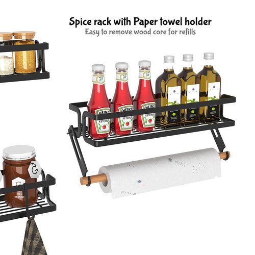 Cvesqkxr 3 Pack Spice Rack Wall Mount With Paper Towel Holder and Hooks, Screw or Adhesive Hanging Spice Shelf,Space Saving Spice Organizer for Seasonings, Spice Racks for Stove,Cabinet, Pantry Black