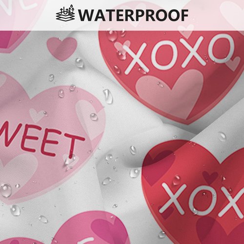 MEHOFOND 4pcs Valentines Shower Curtain Set Pink and Red Conversation Hearts Shower Curtain Sets for Valentine Heart Candy Bathroom Decor Curtains with Non-Slip Rugs Toilet Lid Cover and Bath Mat
