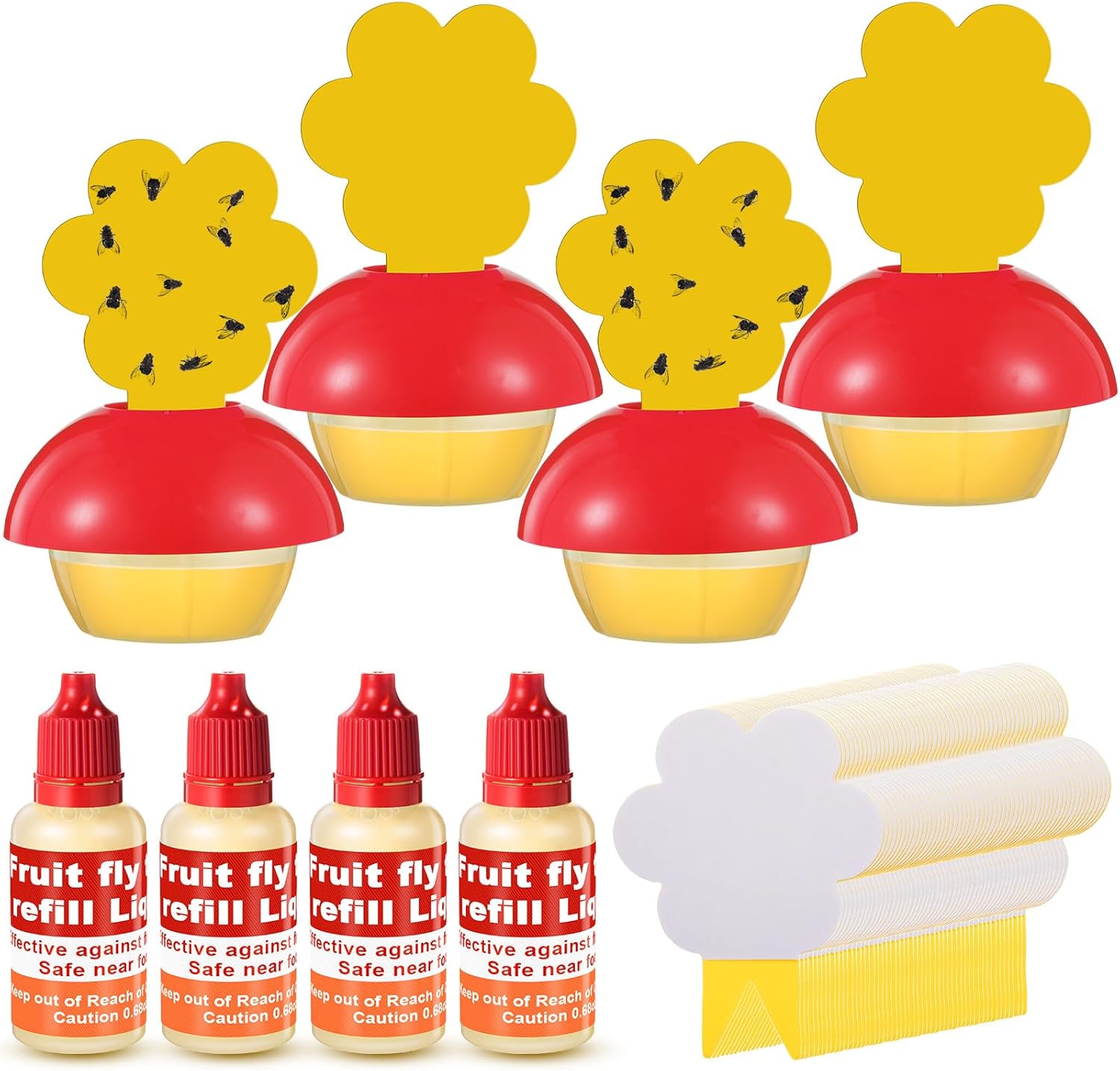 Qualirey Fruit Fly Trap - Safe Indoor Solution with 4 Refill Liquids & 60 Sticky Pads | Red
